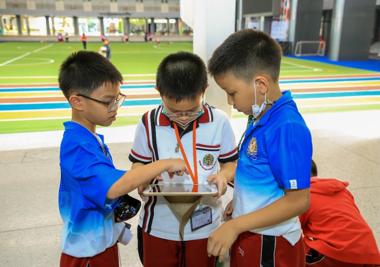 P3 Mathematics class with Mr. Christopher Raynes to observe the parallel and perpendicular lines around the 1st floor of EP building and St. Louis arena and to understand the important role it plays in daily life, February 10, 2021